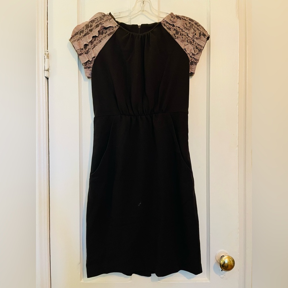 Eve Gravel Brown Dress with Pink Lace Sleeves